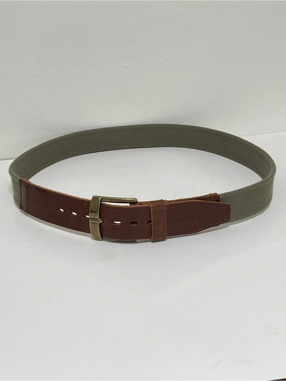 Vintage Eddie Bauer Khaki Canvas Belt Brown Leather Trim Preppy Neutral Men 40